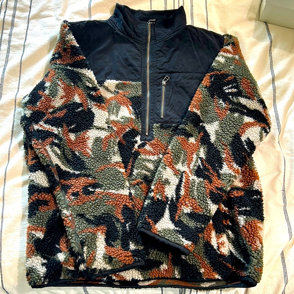 VINTAGE L.L.BEAN CAMO HALF ZIP SHERPA PULL OVER LARGE slim fit